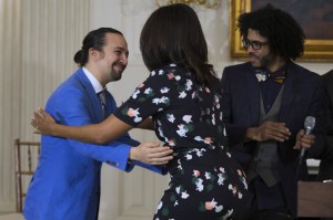 Lin-Manuel Miranda, Michelle Obama, and Daveed Diggs at the White House